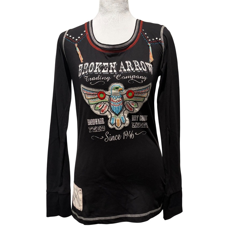 Panhandle Slim Shirt Women Medium Black Broken Arrow Eagle Embroidered Top